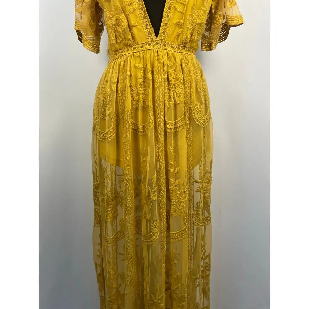 Wild Honey Mustard Yellow Lace Sheer Maxi Romper Size S - Picture 5 of 15